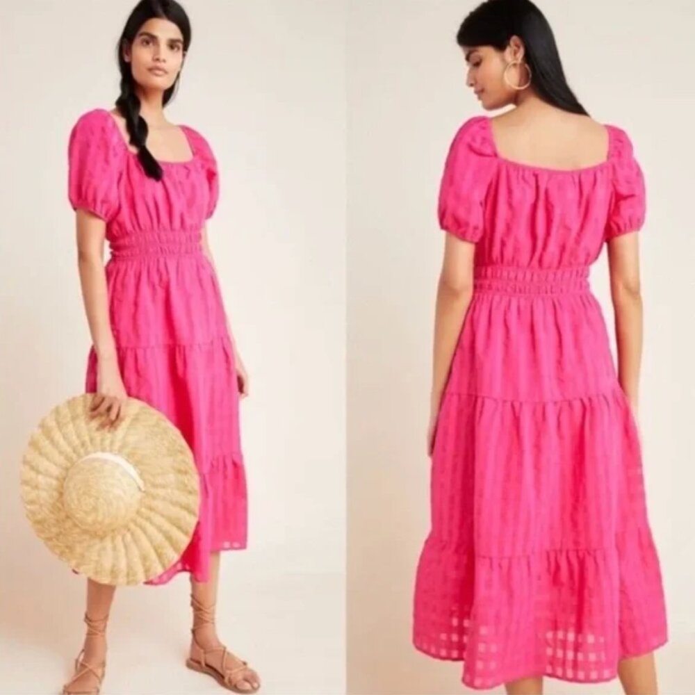 💖 sz M Anthropologie Francesca Tiered Fuchsia Midi Puff Sleeve Dress